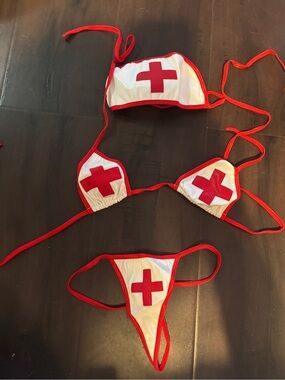Red White Nurse Bikini Set sexy dance wear nwot small O/S 3 piece lingerie nwot